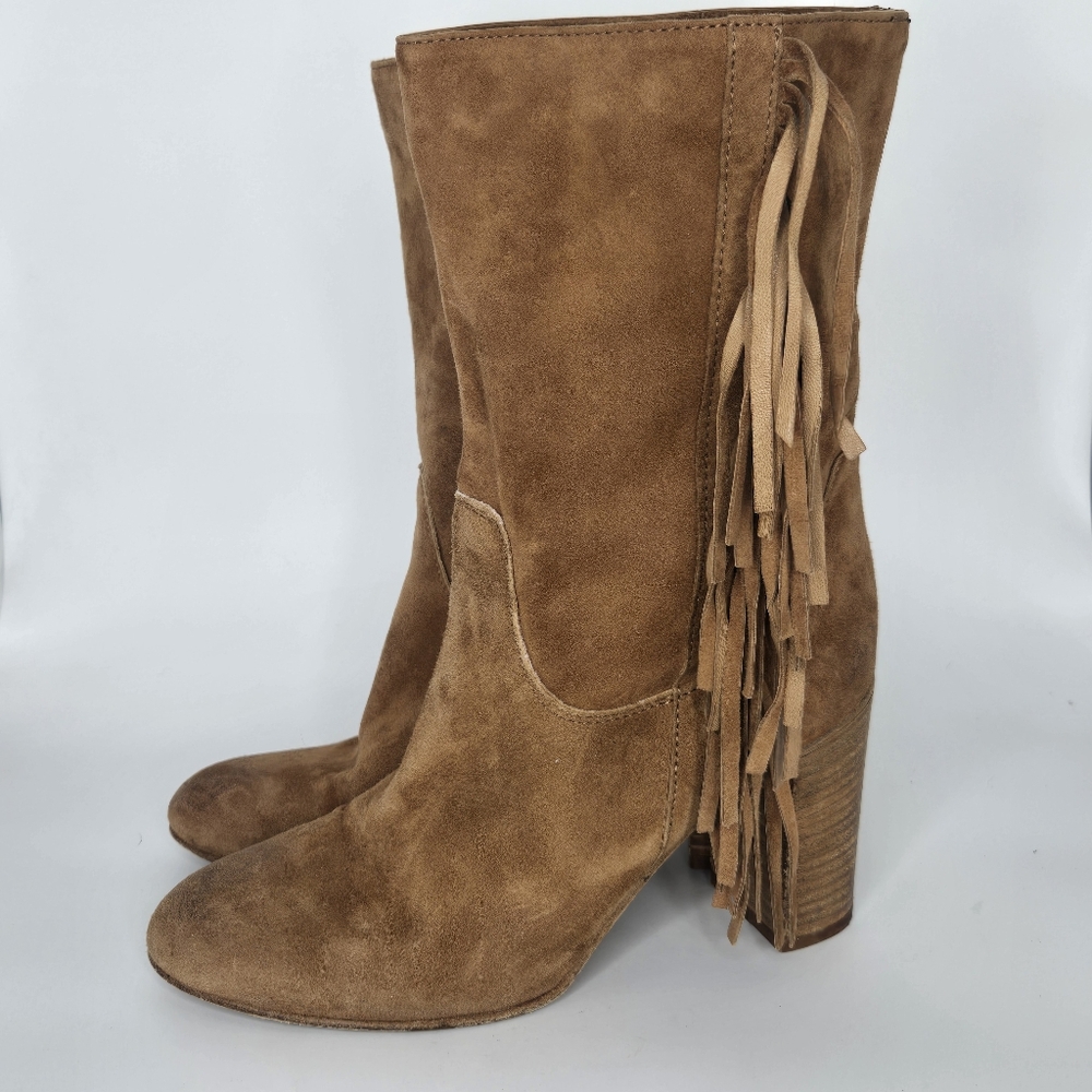 Free People Wild Rose Slouch Suede Boot Fringe Cognac Tan Brown Size 37 US 7 - Picture 5 of 10